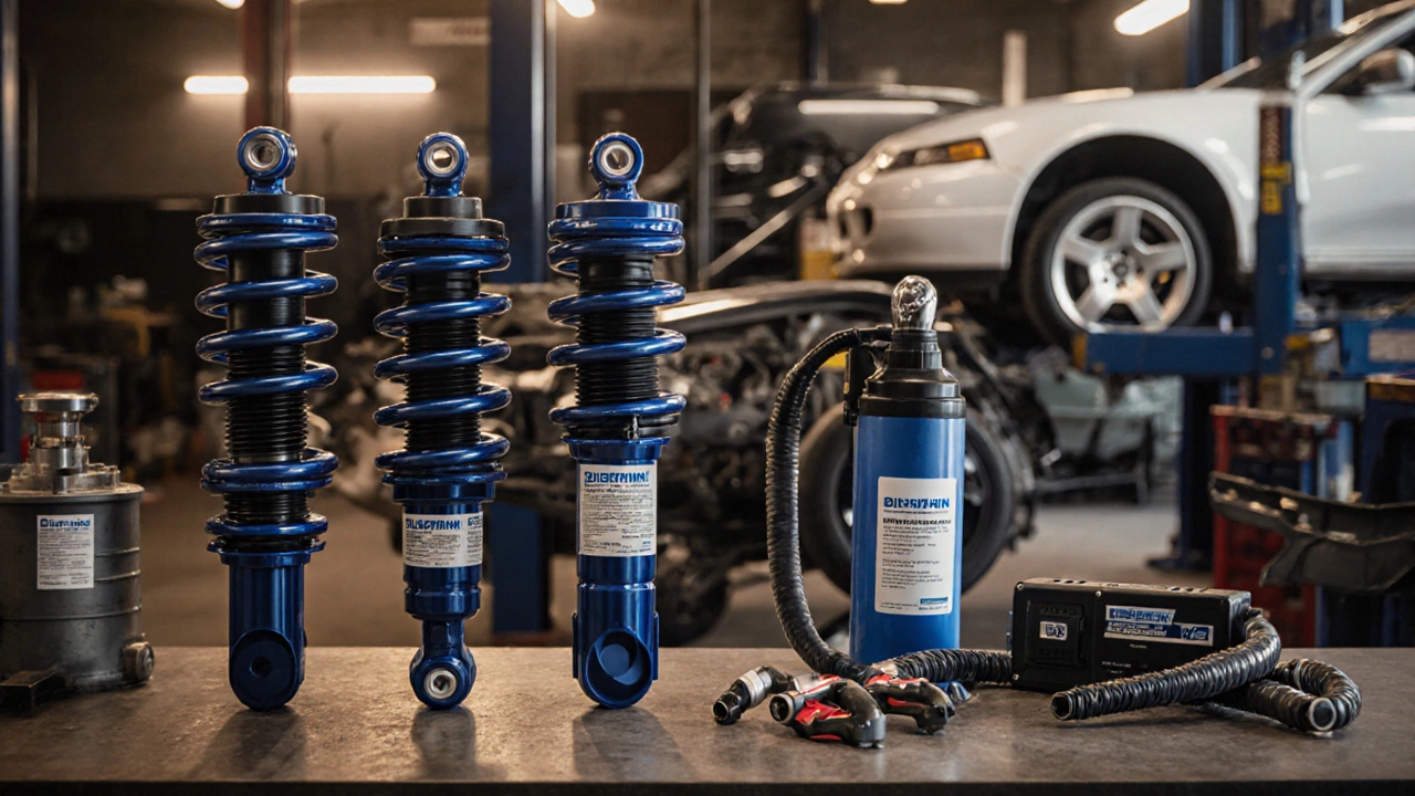 Three types of suspension systems displayed in a mechanic&#039;s workshop with tools and vehicles in background.