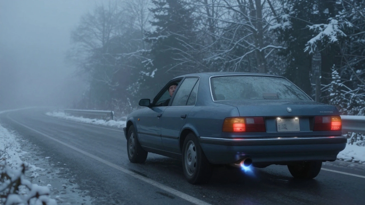 A car sputtering on a cold road with blue exhaust flames and a blinking check engine light.