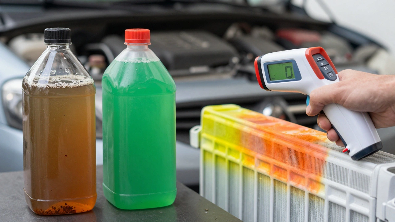 Brown sludgy coolant next to clean coolant in bottles, with infrared thermometer showing uneven radiator heat.