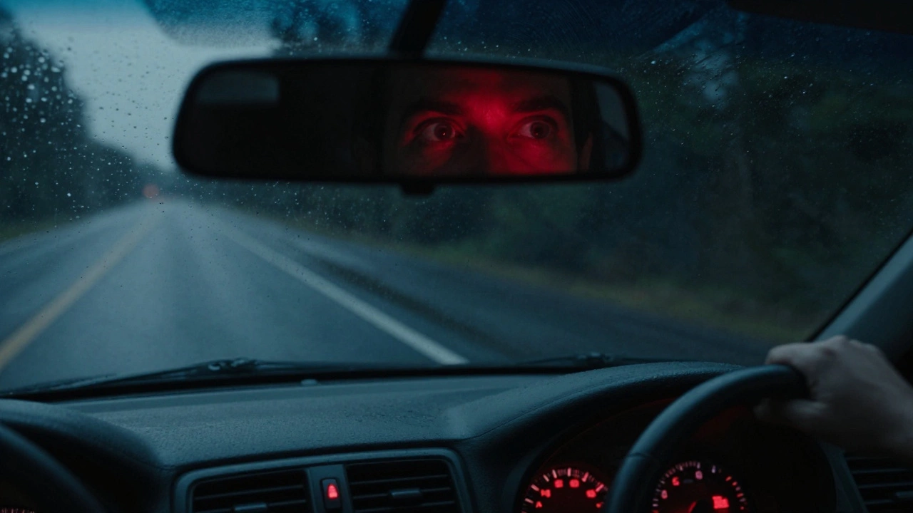 Car dashboard with red oil warning light glowing as driver looks worried in mirror.