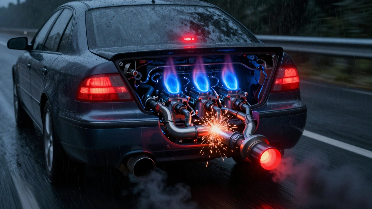 Car driving at night with engine misfires causing unburned fuel to overheat the exhaust.