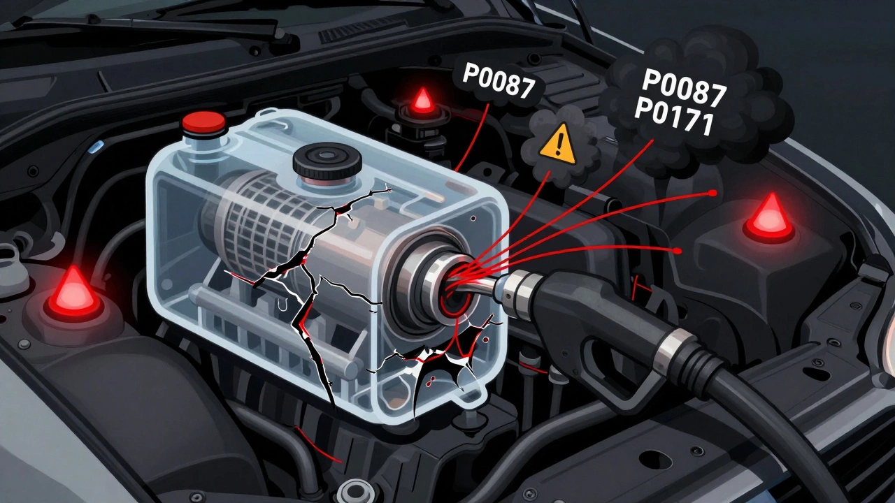Conceptual image of a failing fuel pump causing fuel starvation in an engine.