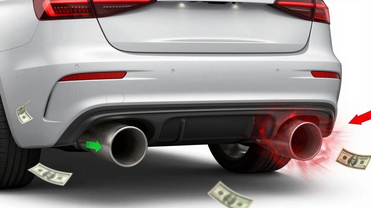 Contrasting exhaust systems showing efficient vs. wasteful airflow with money disappearing.