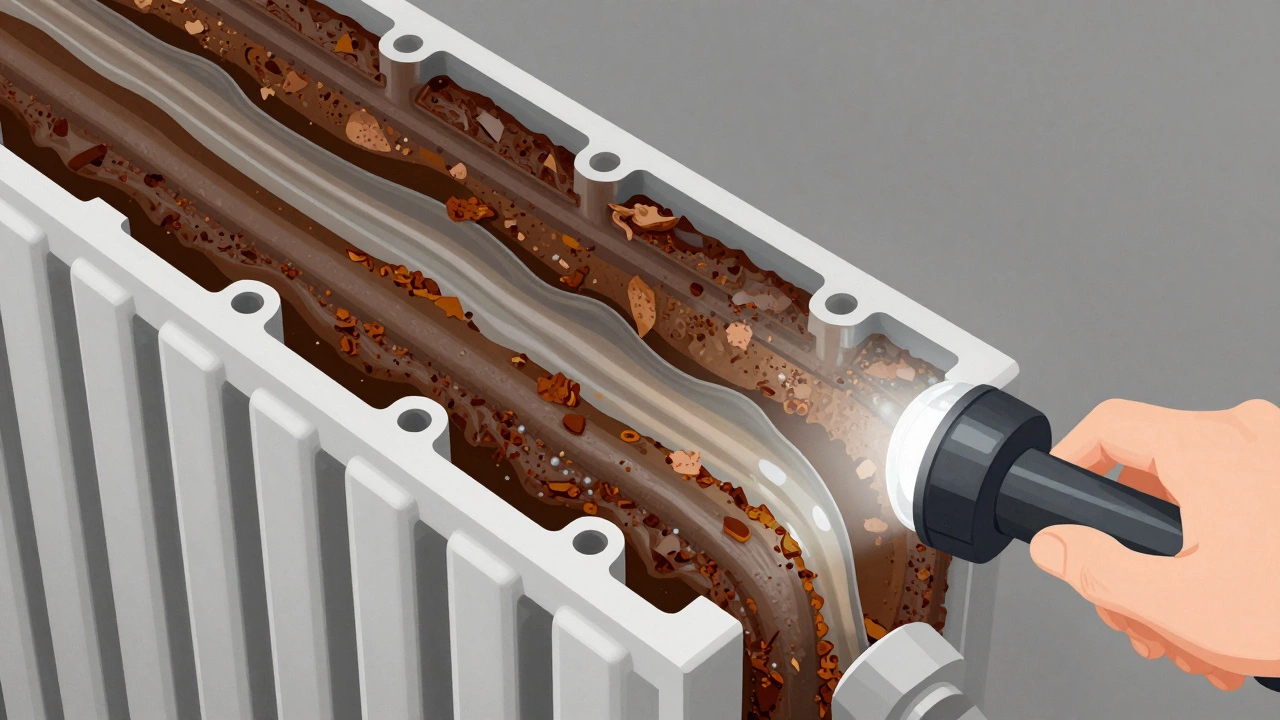 Cross-section of a radiator clogged with rust and sludge blocking coolant flow.