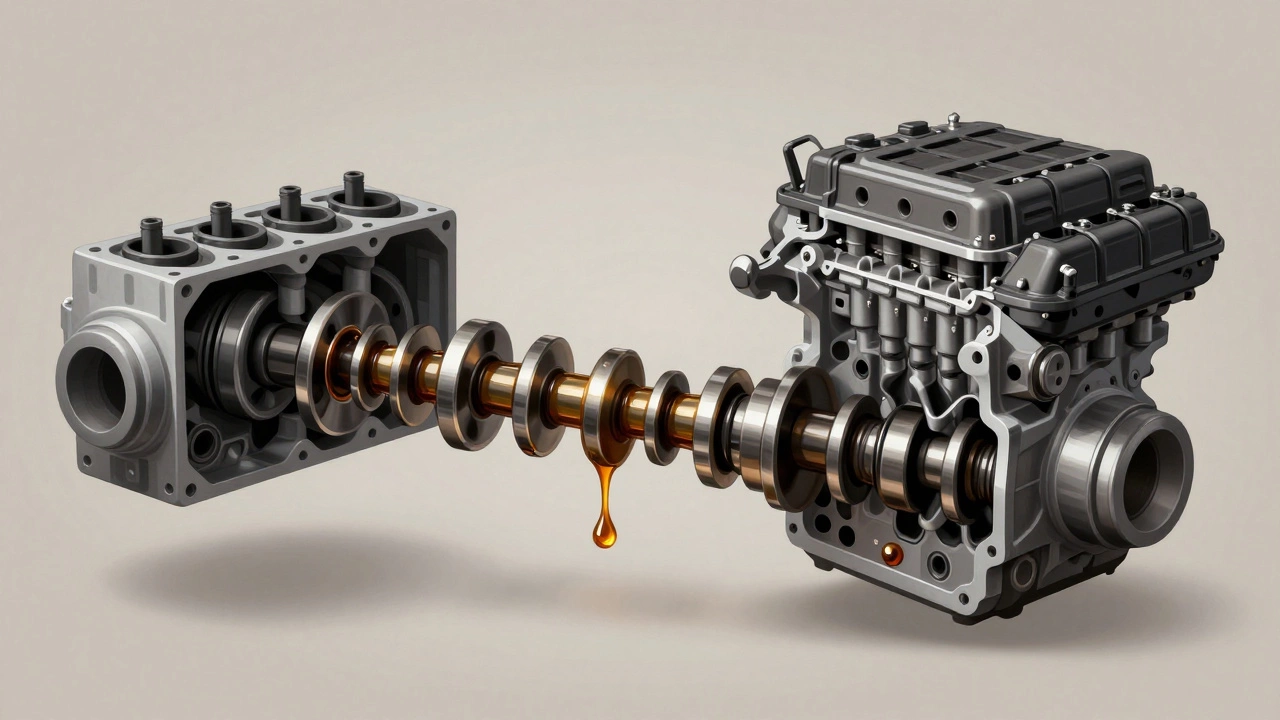 Cross-section of engine parts grinding without oil, contrasting with healthy lubricated engine.