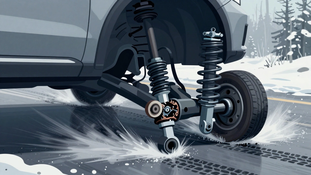 Cross-section of worn vs. healthy car suspension with snowy road and hydroplaning tires in background.