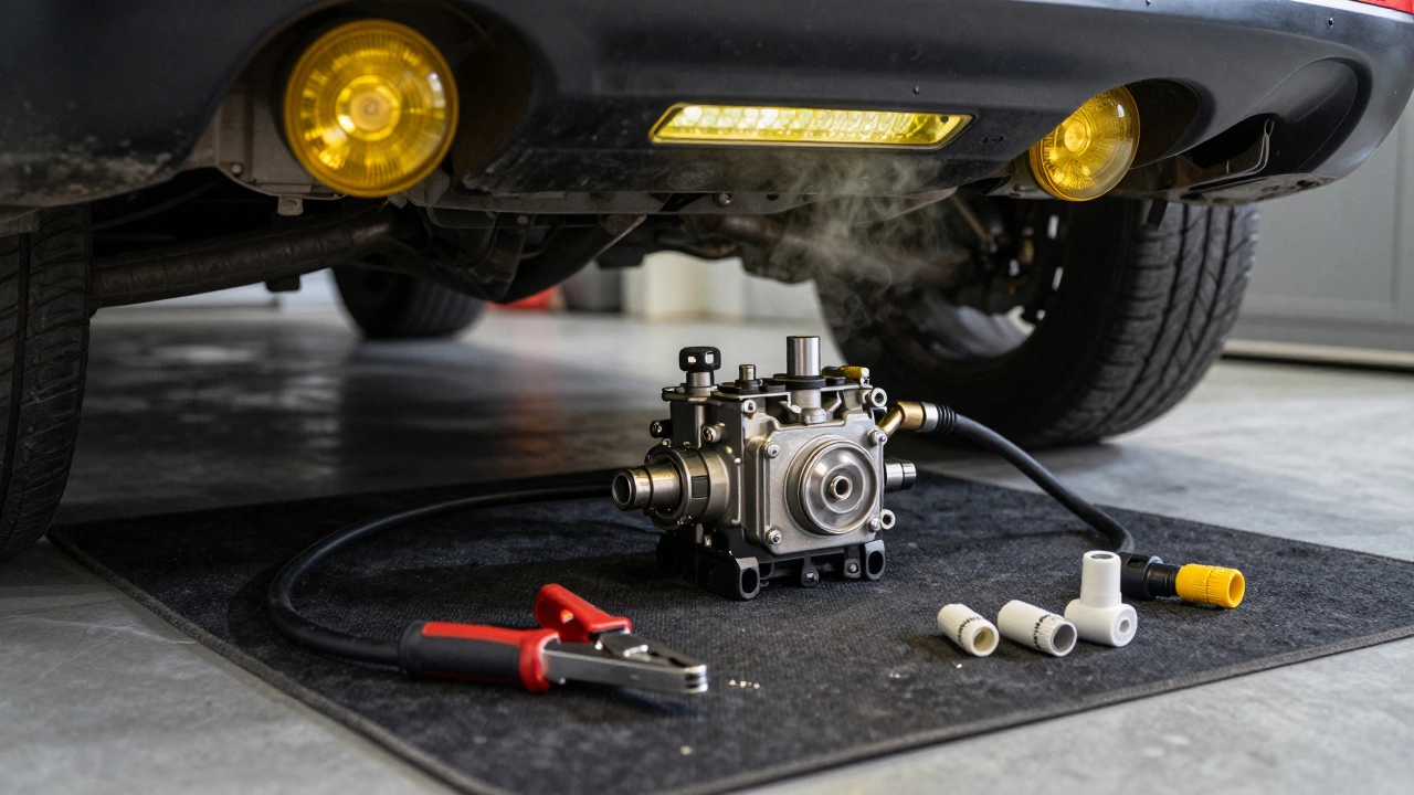 DIY mechanic removing a fuel pump module from under a car&#039;s rear seat.