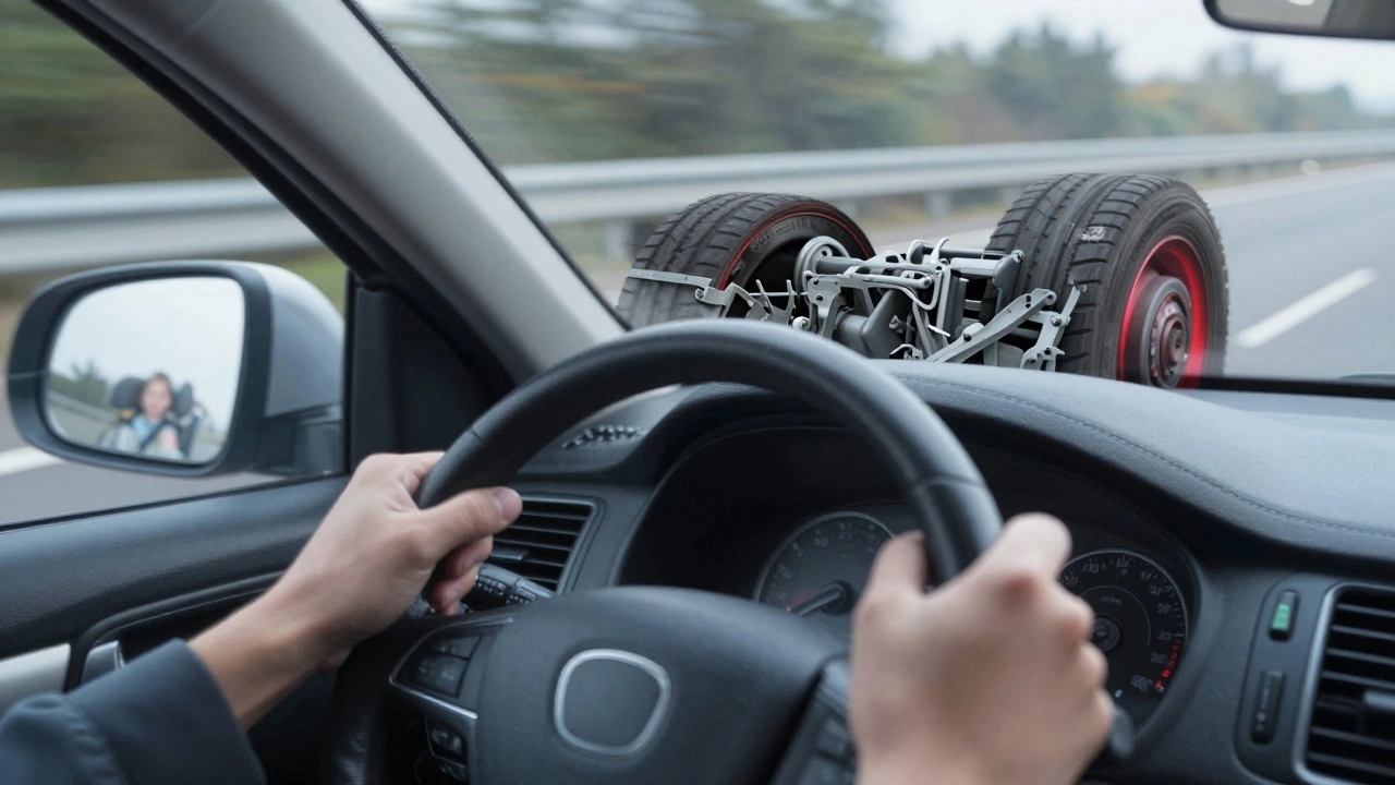 Driver gripping a shaking steering wheel as mechanical failures cascade beneath the car.