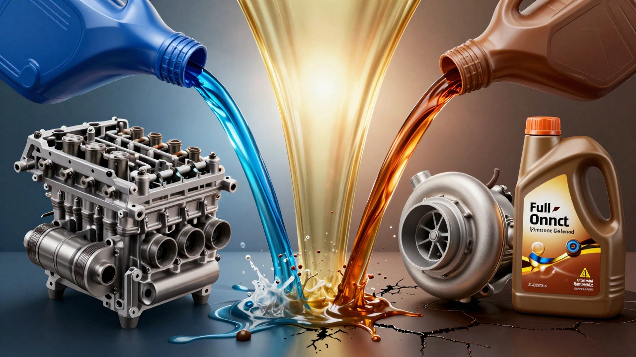 Engine internals with colored oil streams representing synthetic, blend, and conventional types.