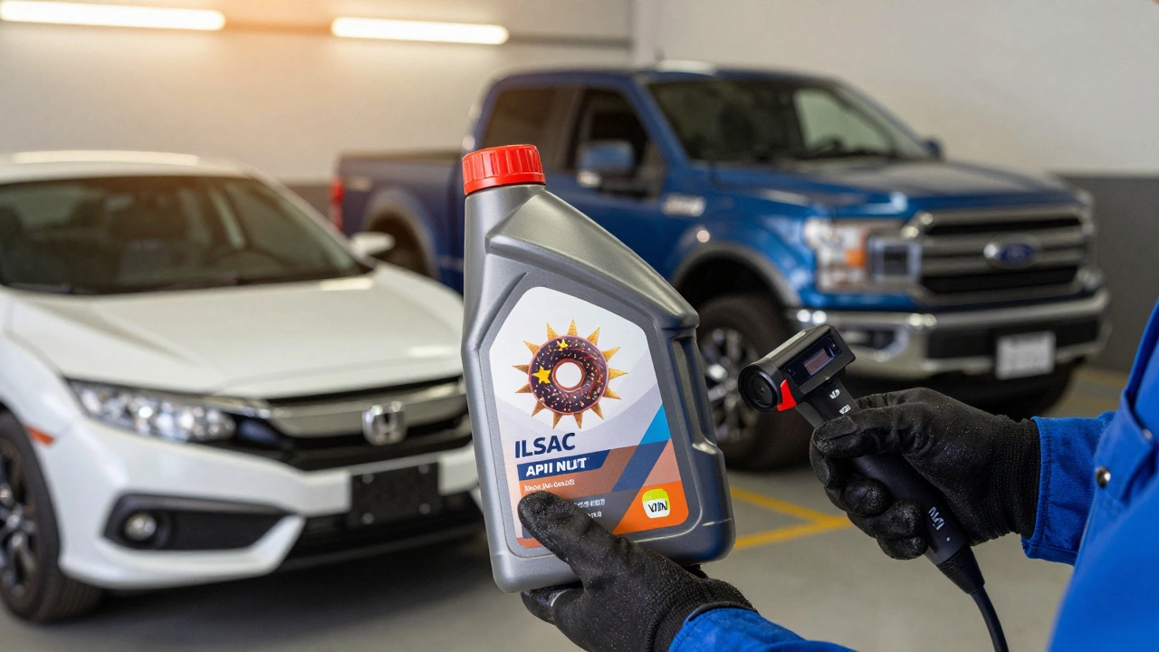 Mechanic examining oil bottle labels with VIN scanner beside two vehicles.