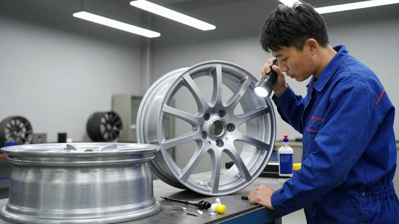 Mechanic inspecting a cracked alloy wheel on a workbench, steel wheel nearby.