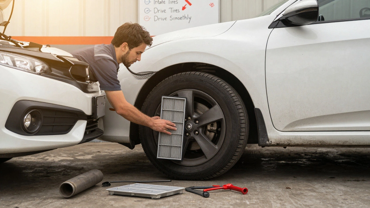 Mechanic maintaining a car with tire pressure check and air filter replacement.