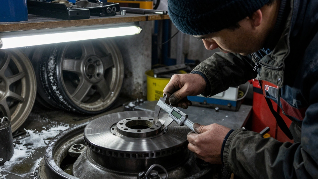 Mechanic measuring rotor thickness with a caliper in a cold workshop, salt stains visible on nearby wheels.