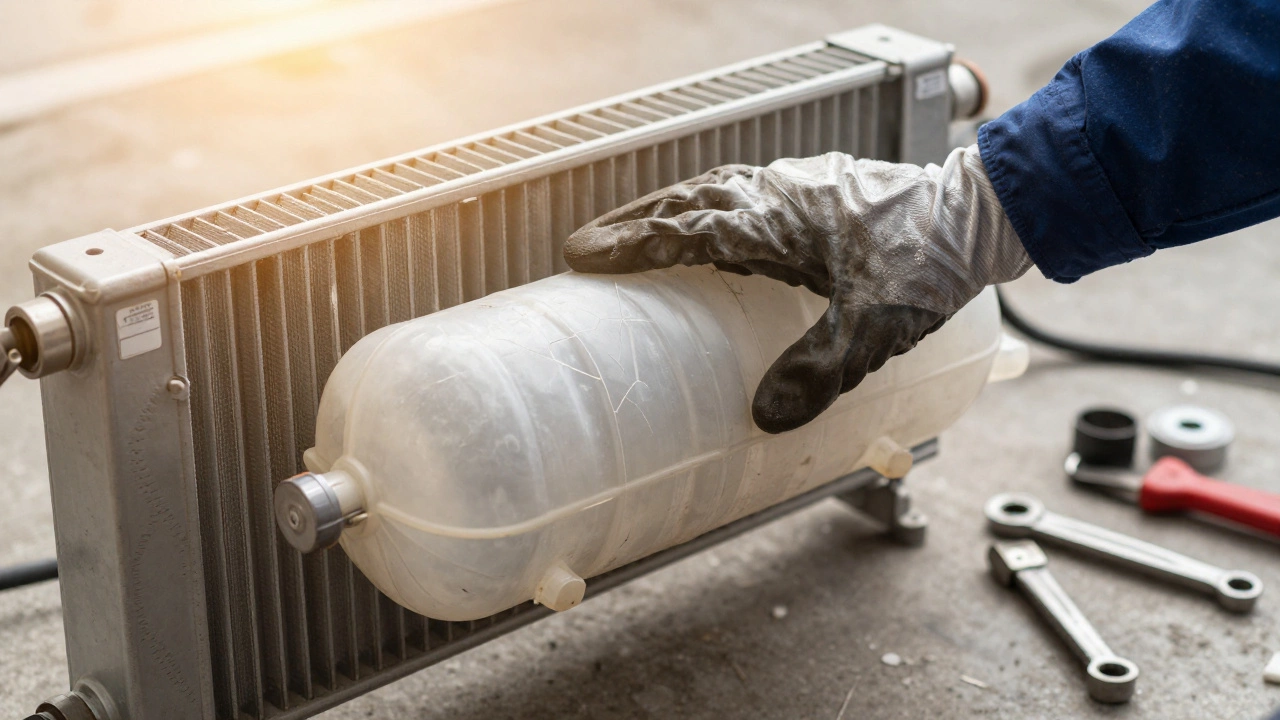 Mechanic pressing on a bulging radiator tank showing signs of age and damage.