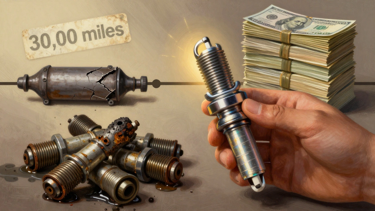 New iridium spark plug beside old fouled ones, with symbolic repair costs in the background.