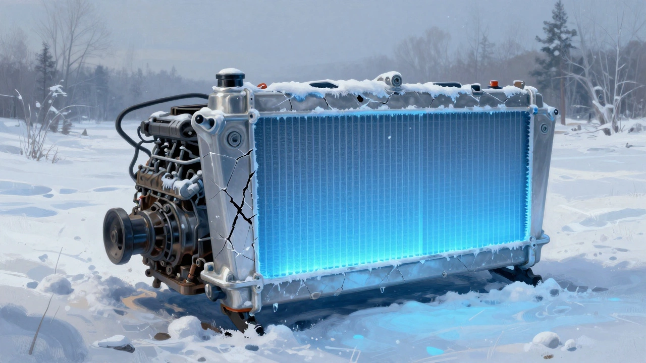 New radiator glowing with coolant flow protecting an engine from icy damage.