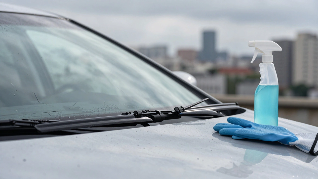 Old and new wiper blades on a car hood with cleaning supplies nearby, symbolizing easy maintenance.
