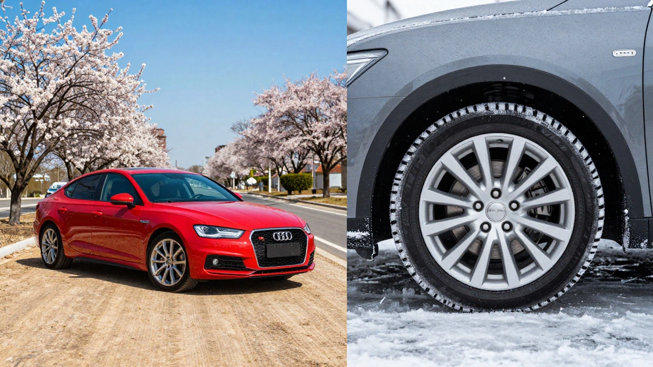 Split image: car with alloy rims in summer sun vs. same car with steel wheels in winter snow.