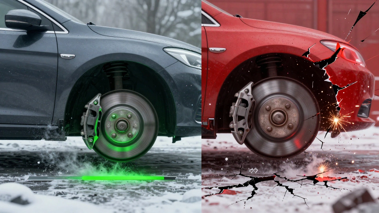 Split-image of a car braking: one side safe, the other with cracked rotor and sparks flying on snow.