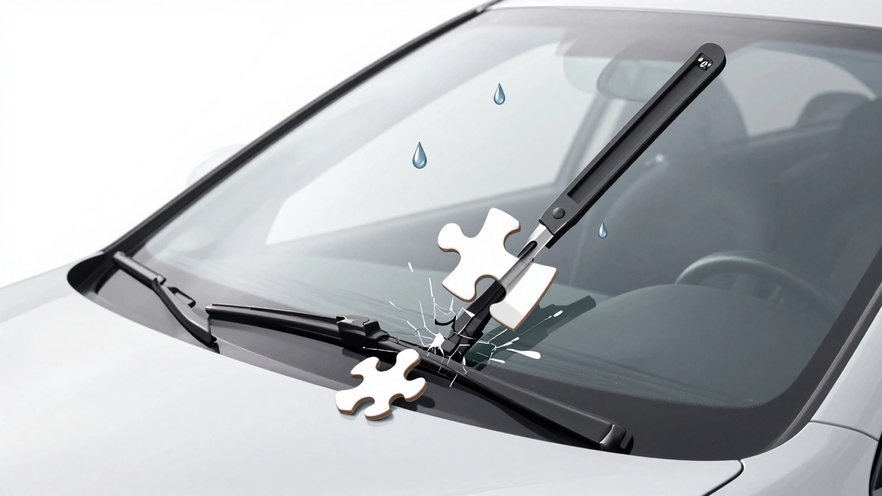 A 24-inch wiper blade forced onto a windshield, cracking the frame and bending the arm, symbolizing improper fit.