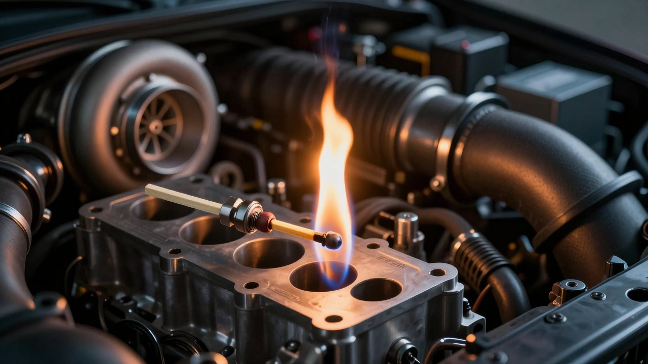A match striking next to a car engine, symbolizing the spark plug's role.