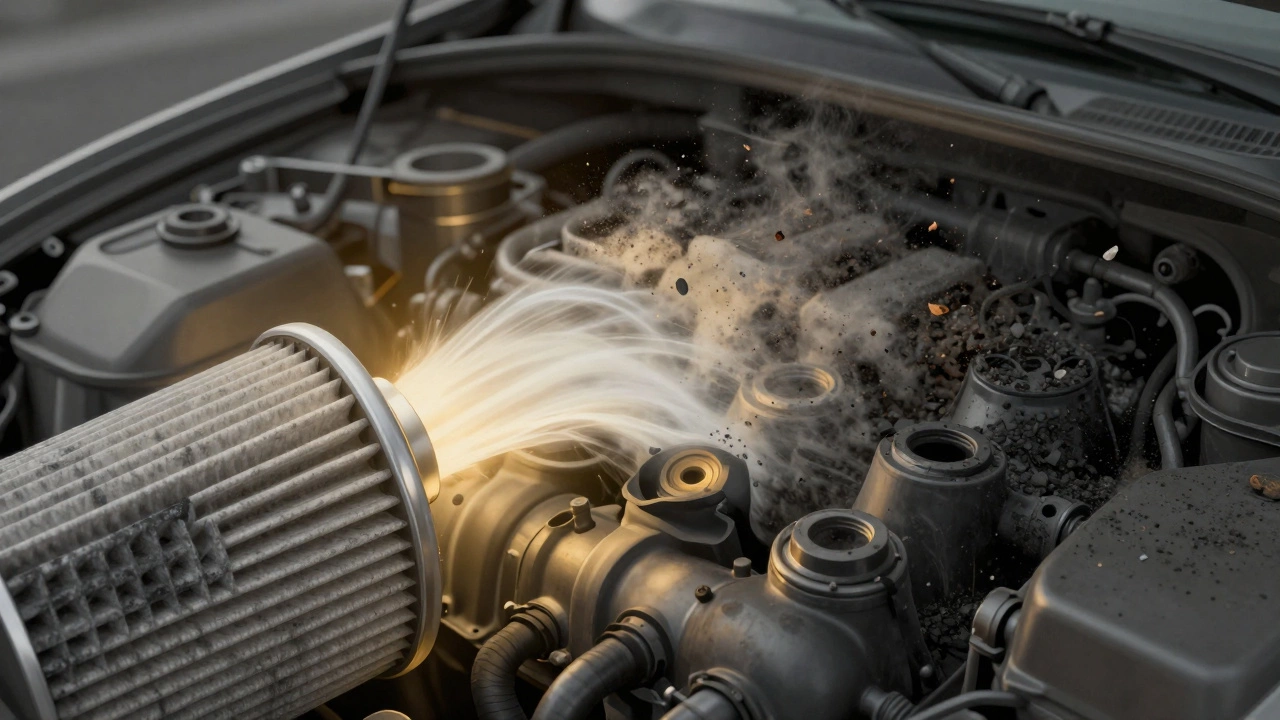 Clean airflow entering engine vs. clogged filter letting in dirt