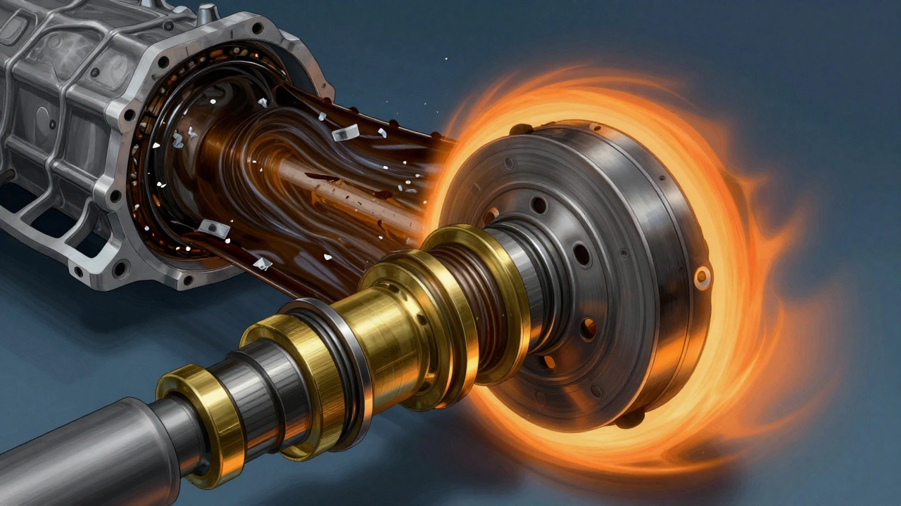 Cross-section showing synchronizers grinding due to a slipping clutch and burnt fluid.