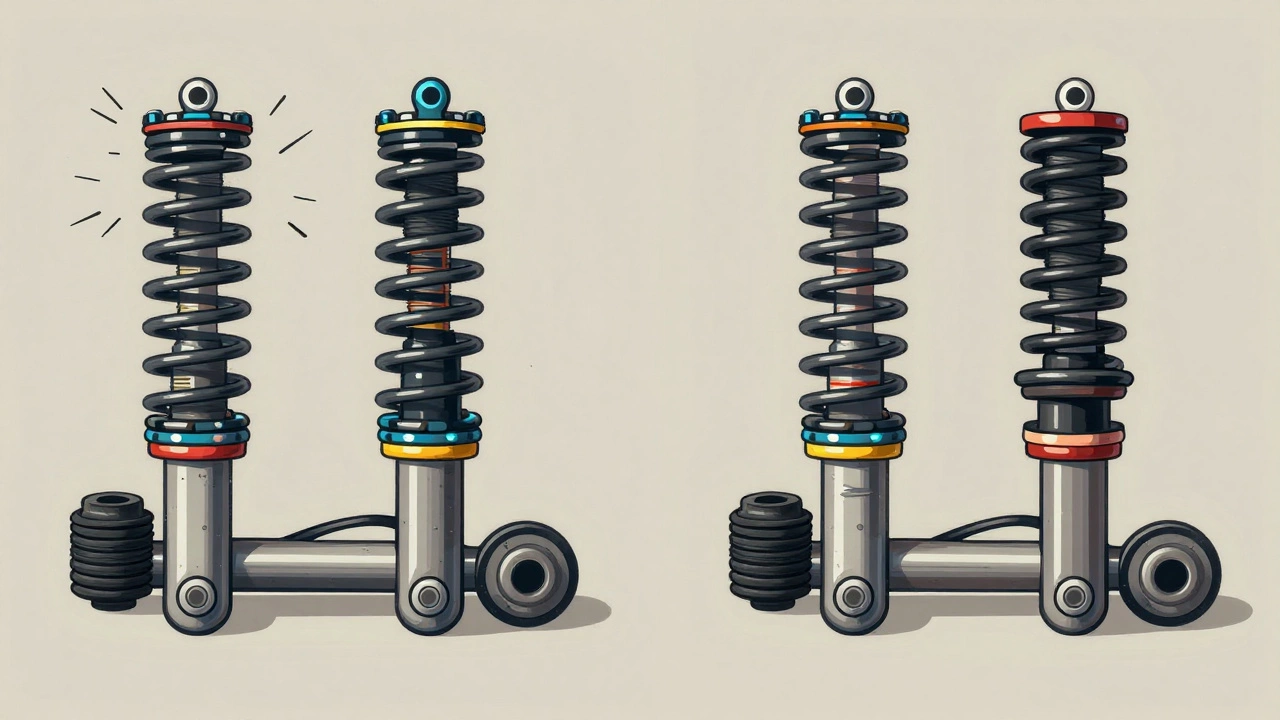 Diagram showing stiff vs. soft suspension springs and how they affect ride comfort.