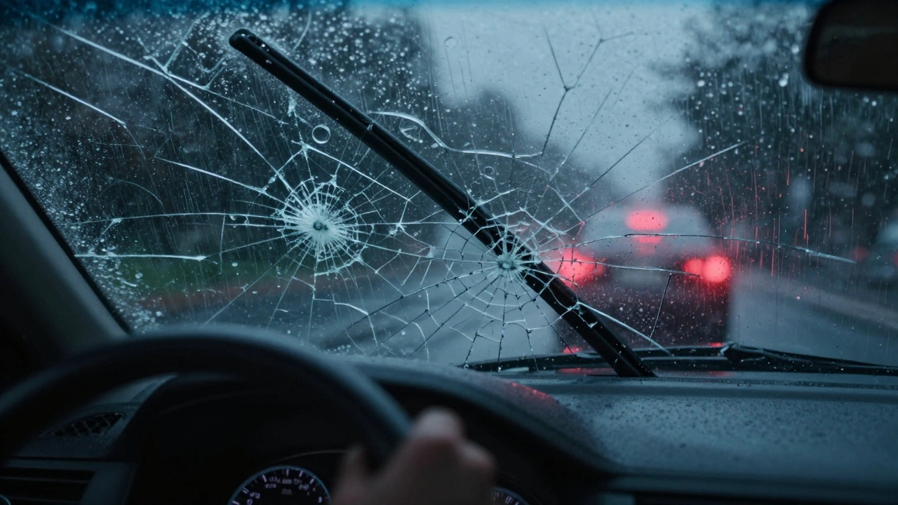 Driver's view through a cracked windshield with wipers stuck mid-swipe.