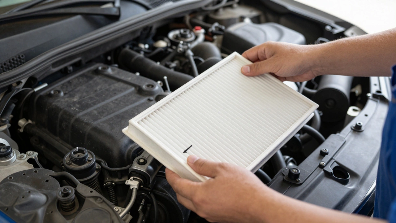 Installing a new air filter with airflow arrow correctly aligned