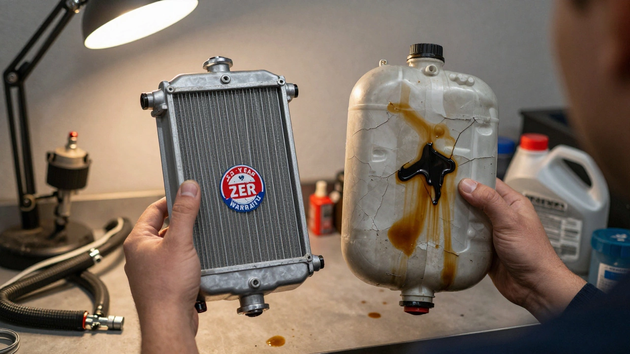 Mechanic's hands holding a new radiator next to a repaired old one on a workbench.