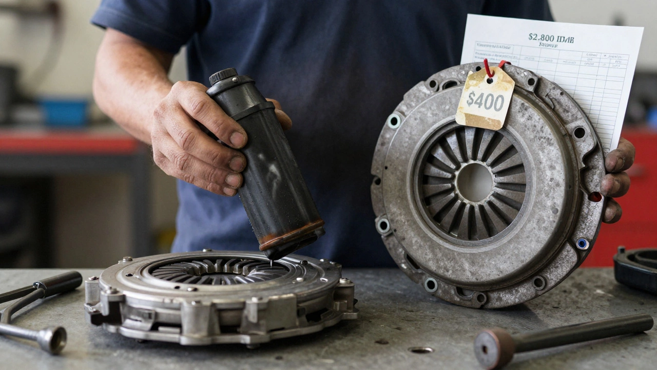 Mechanic comparing burnt transmission fluid to a new clutch kit in a garage.