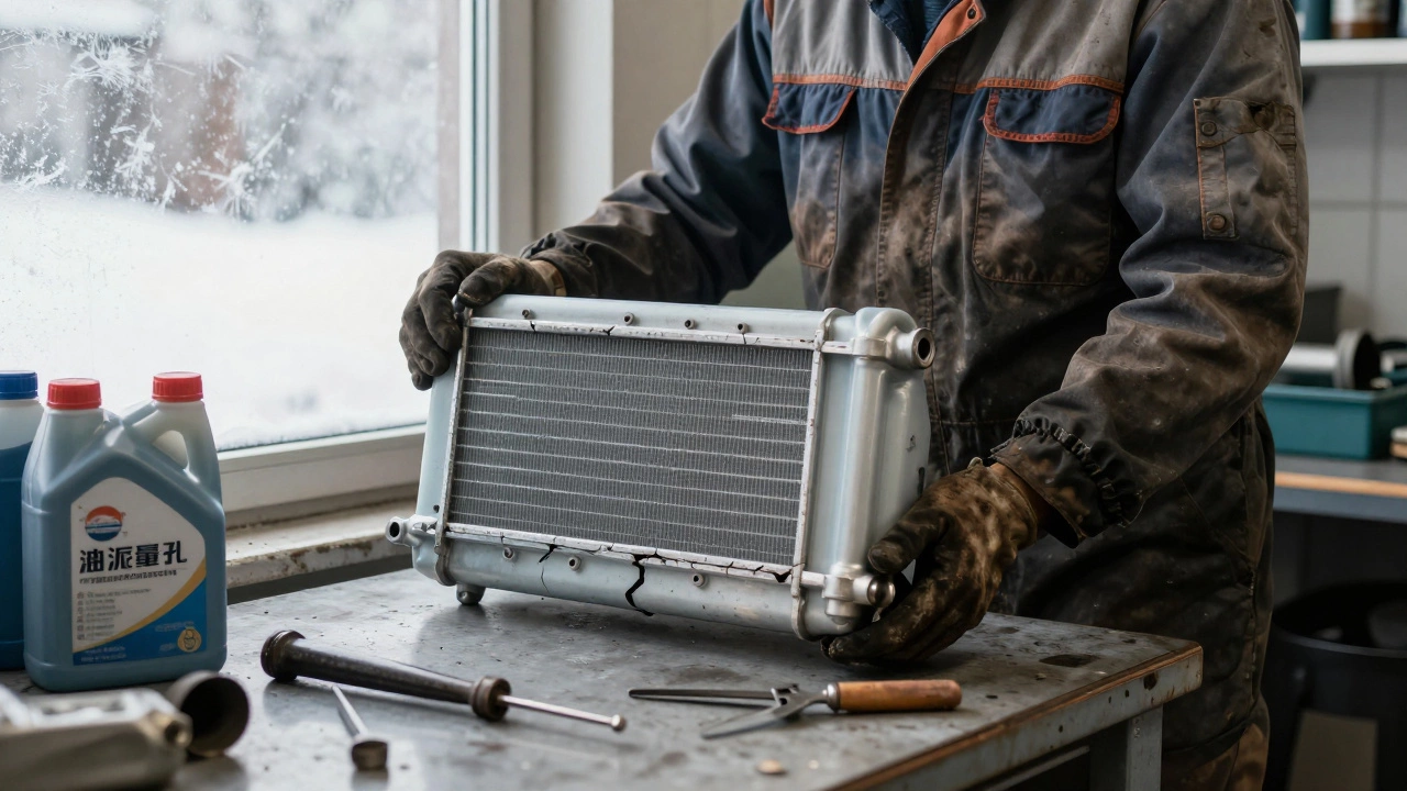 Mechanic holding a cracked radiator next to a new replacement on a workbench.