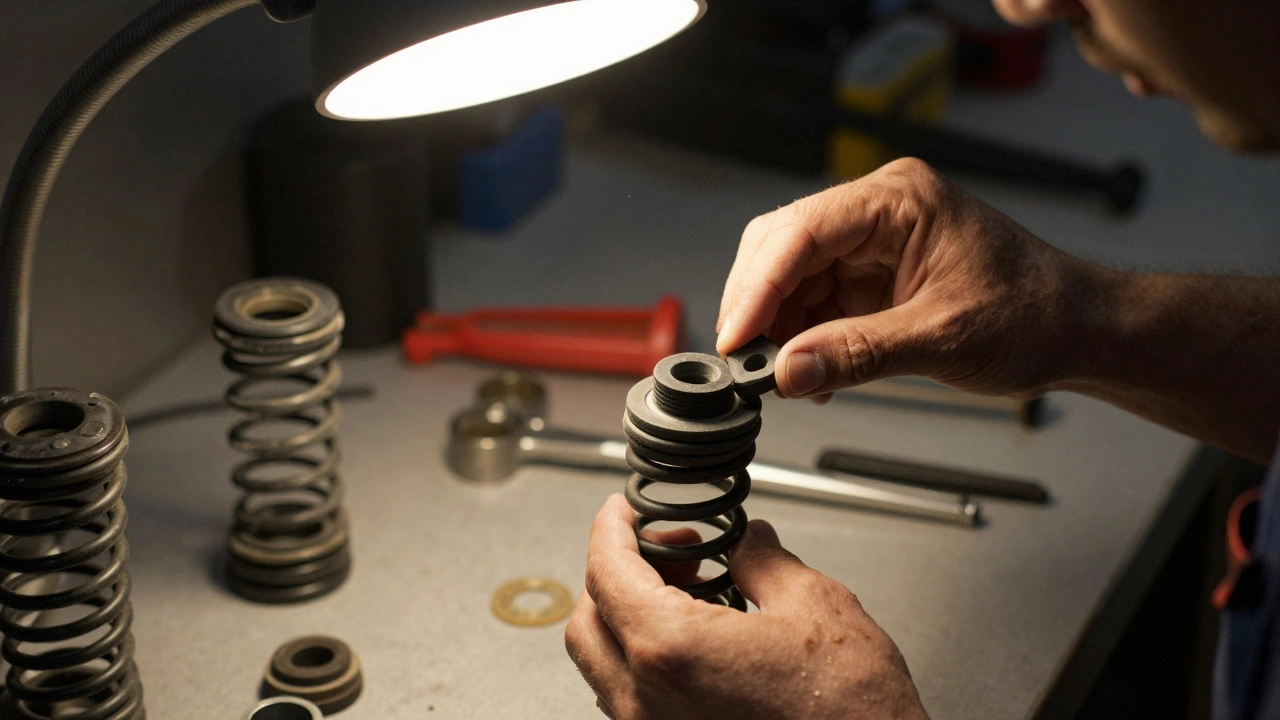 Mechanic installing rubber spring insulators in a car's suspension system.