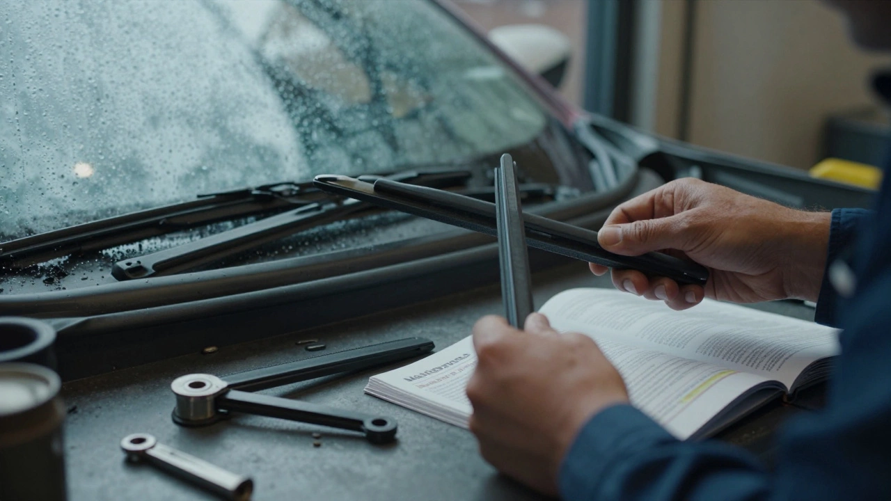 Mechanic removing a damaged 24-inch wiper blade from a bent arm, with the correct 22-inch blade beside it on a workbench.
