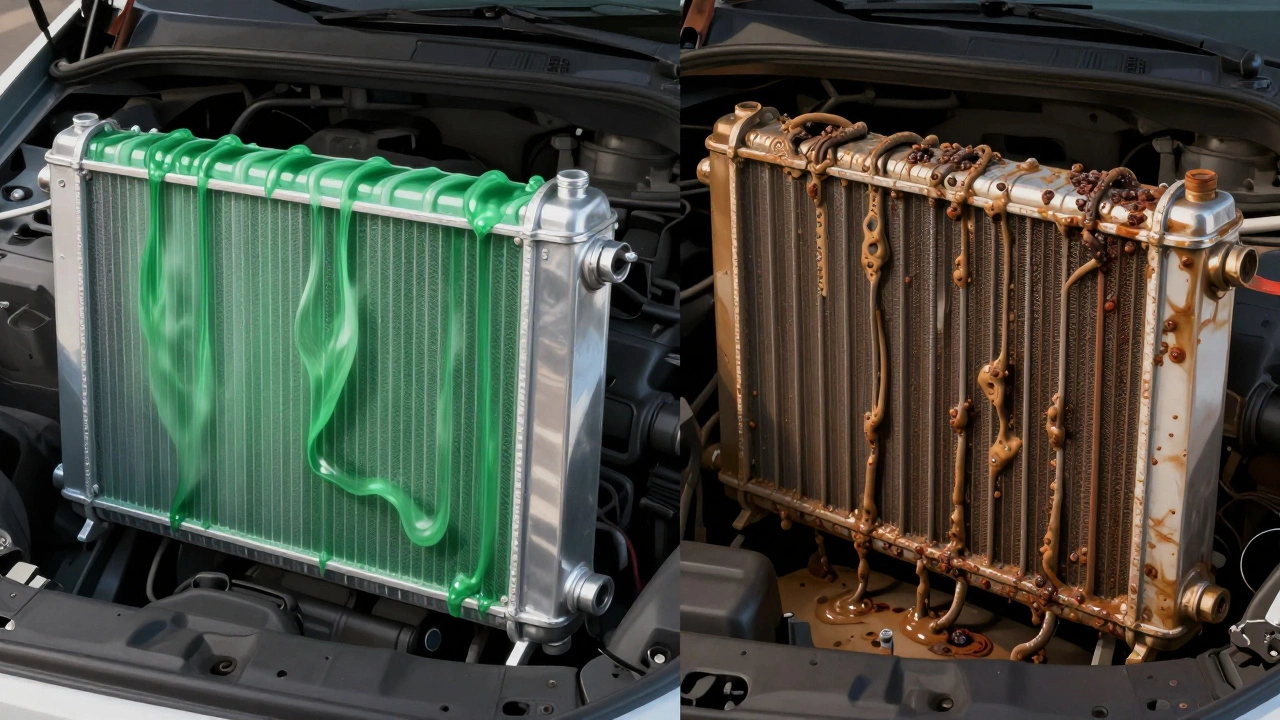 Split-view comparison of a clean radiator versus a clogged one with sludge inside.