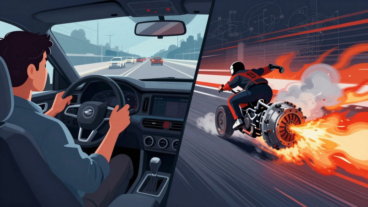 Split-view of a car's daily driving versus track use with clutch smoke and contrasting color tones.