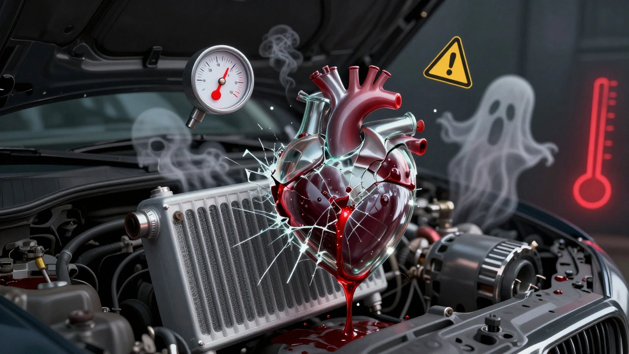 Surreal image of a cracked radiator as a bleeding heart with warning symbols floating around.