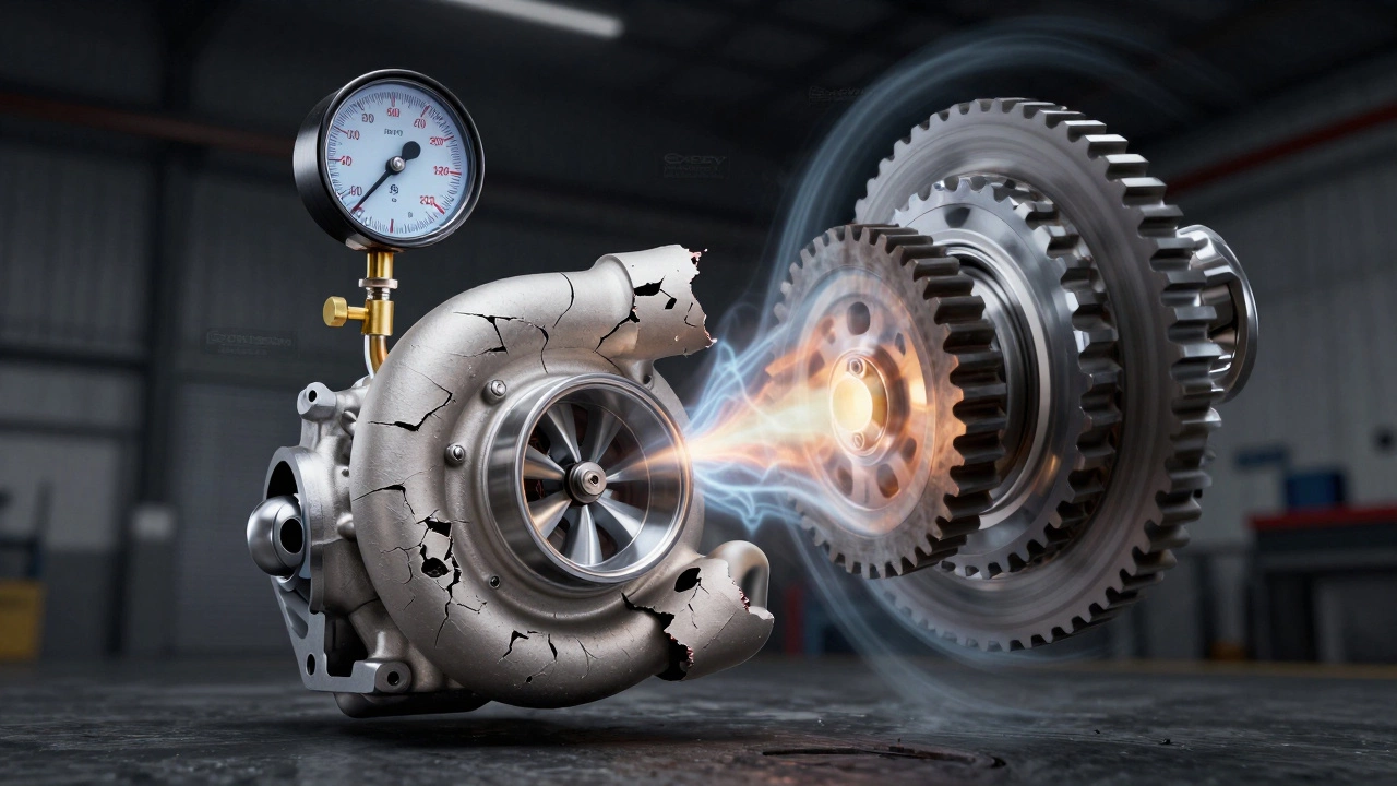 Torque meter exceeding 550 lb-ft as a clutch fractures, with floating ceramic fragments and heat waves.