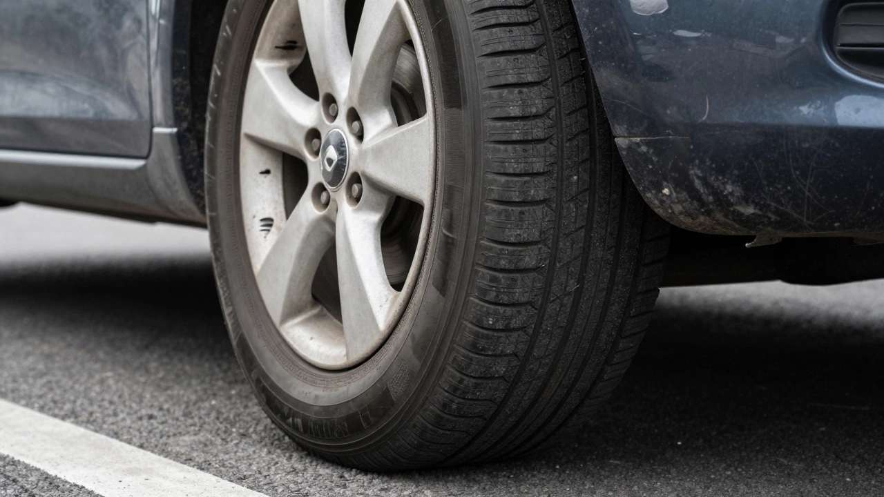 A car tire with a visible bulge and a nail embedded in the tread, showing signs of internal damage.
