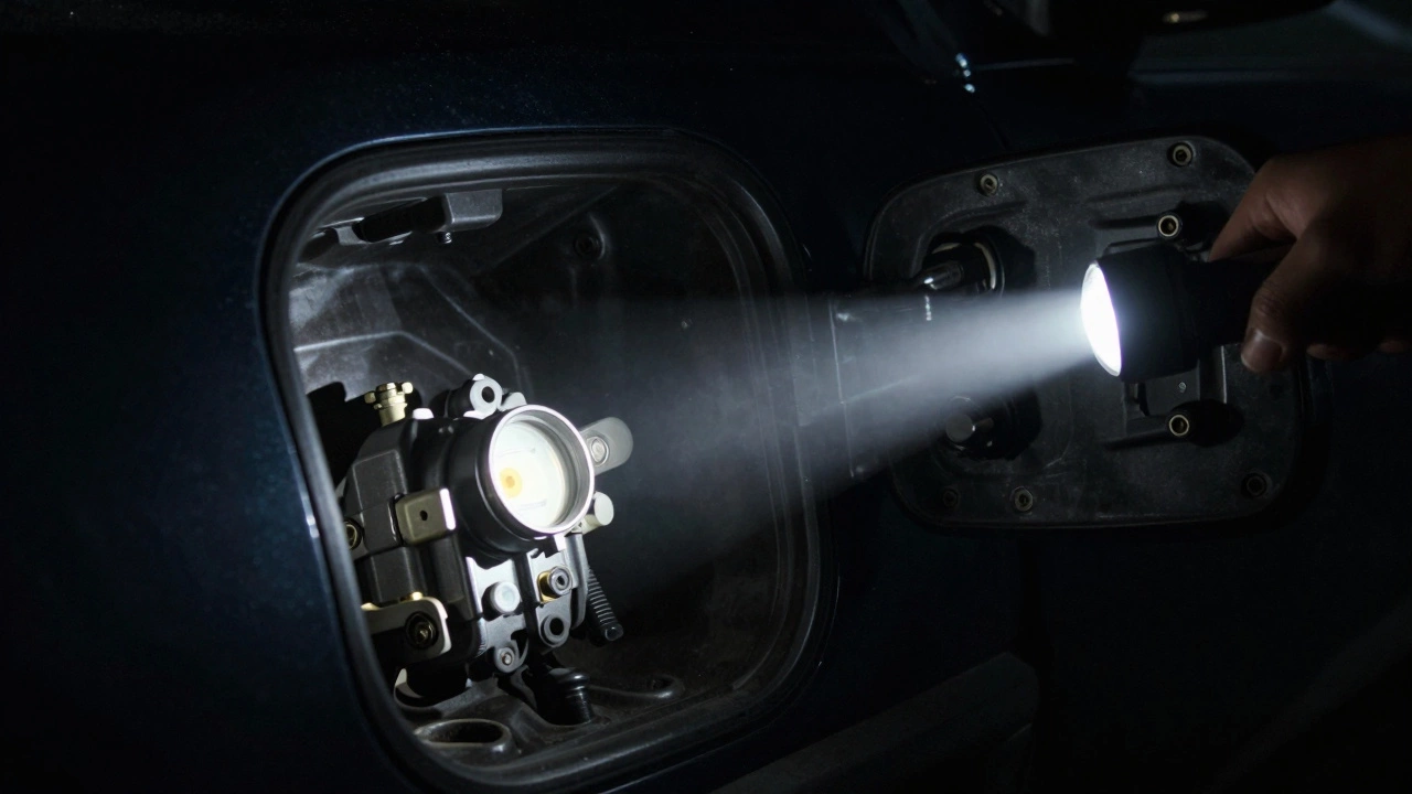 A flashlight illuminates a fuel tank making a strange whining noise.