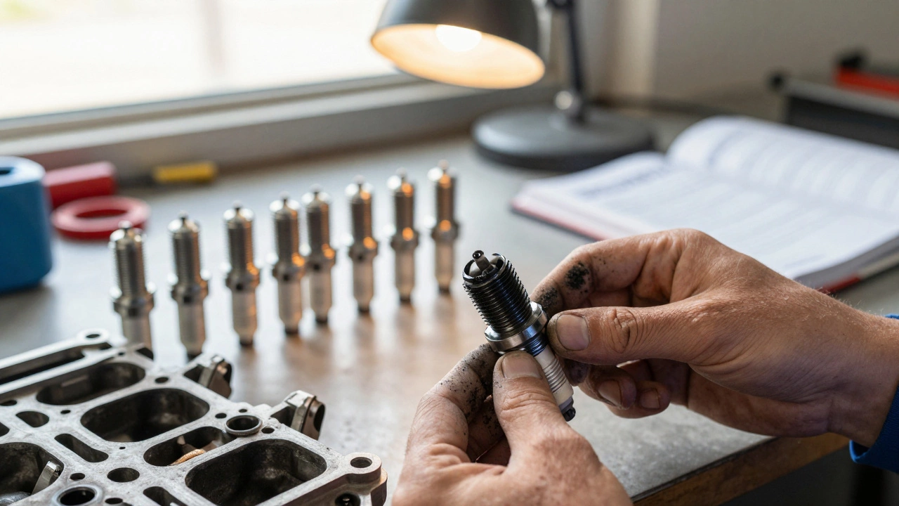A mechanic's hands removing a carbon-fouled spark plug, with new spark plugs visible on a workbench in the background.
