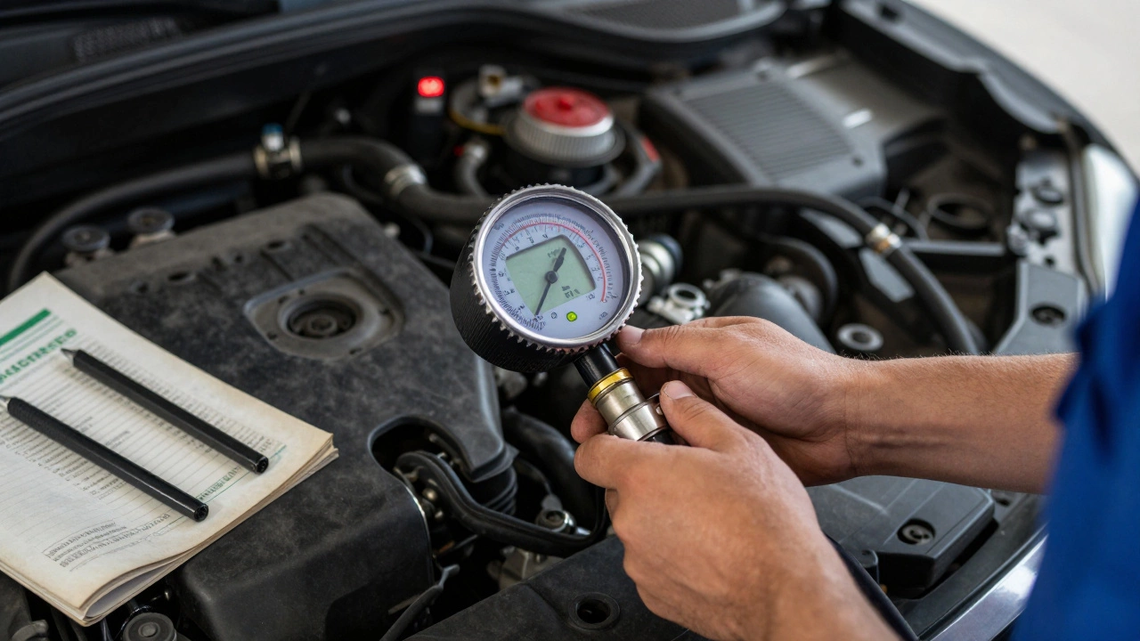 A mechanic tests fuel pressure with a gauge, showing low readings.