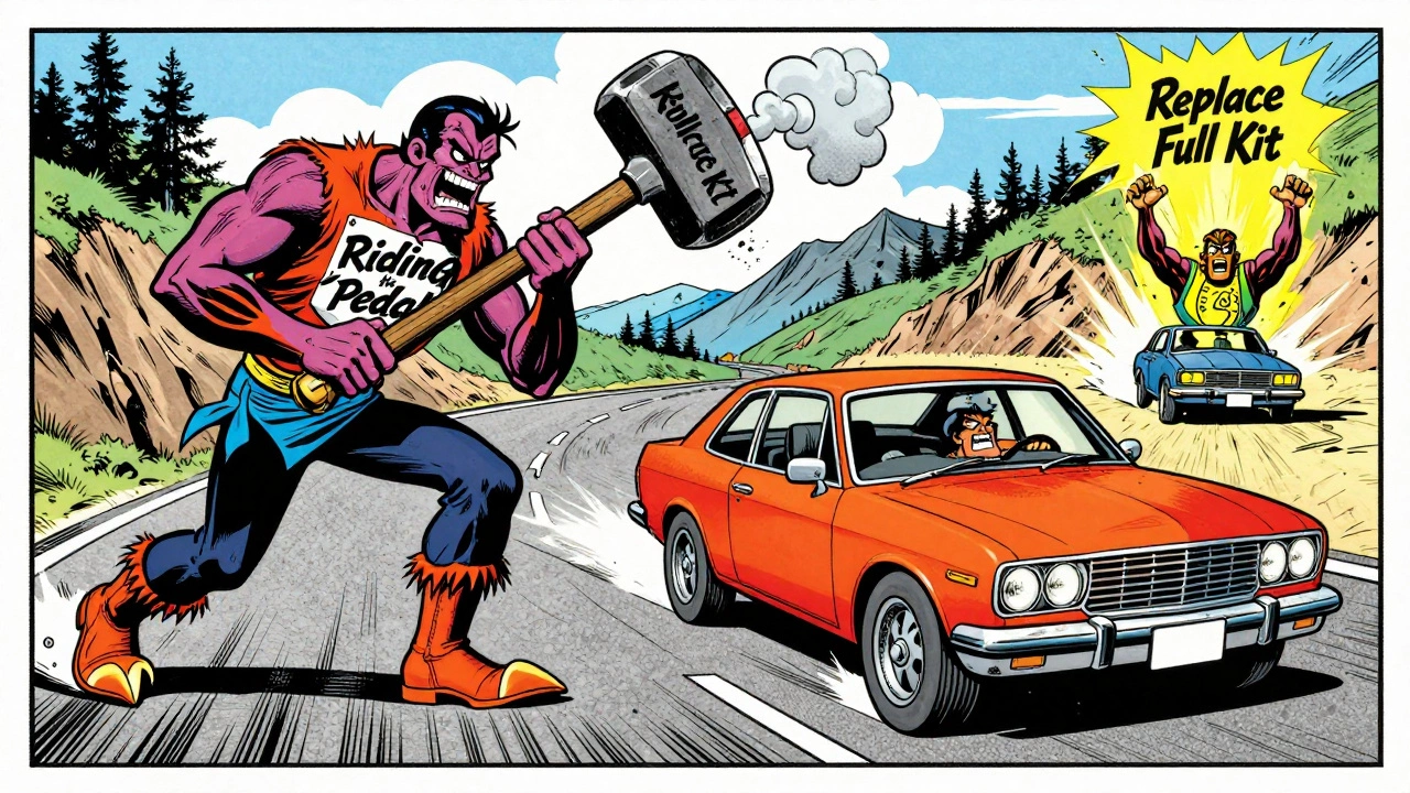 Comic book style hero shifting gears on a mountain road while defeating a 'Riding the Pedal' monster with a 'Replace Full Kit' hammer.