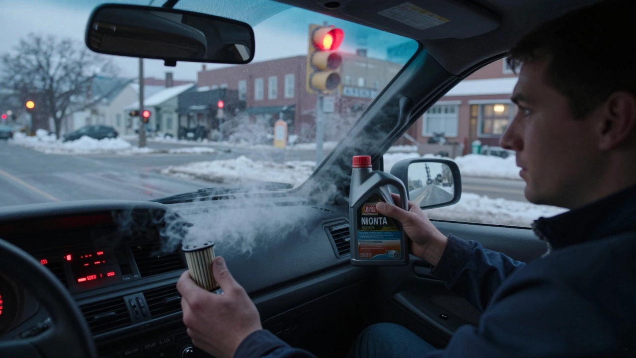 Driver noticing check engine light with smoke rising from engine hood at a red light.