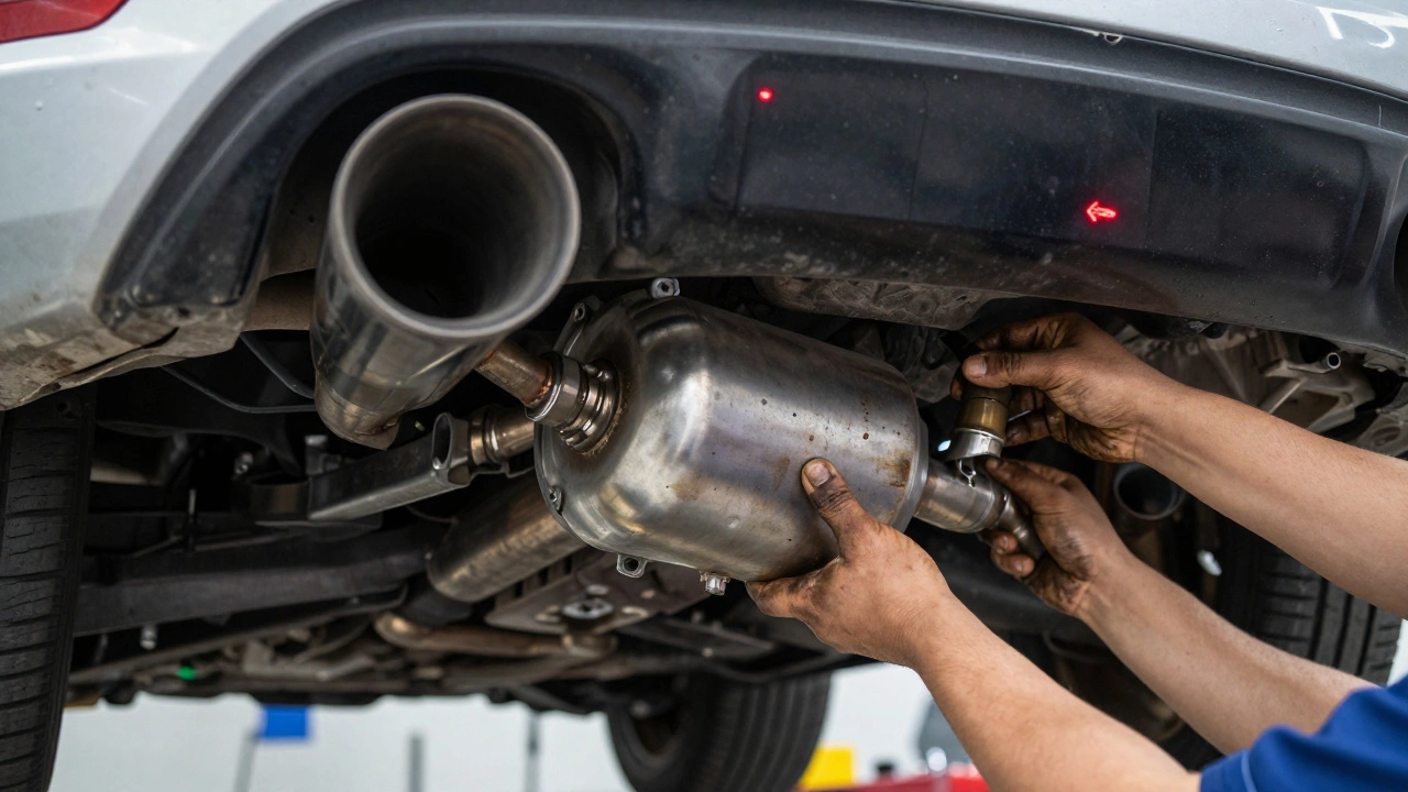 Mechanic removing catalytic converter with check engine light