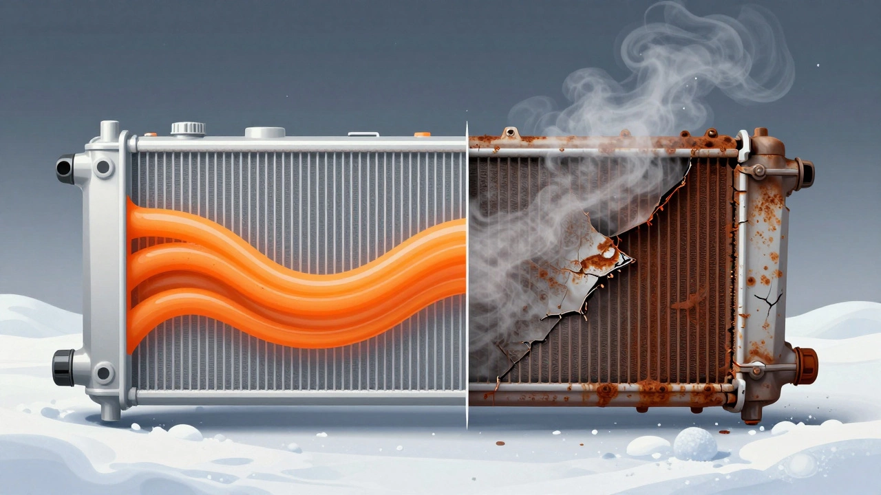 Side-by-side comparison of a clean radiator versus a corroded one, with steam and salt crystals in the background.