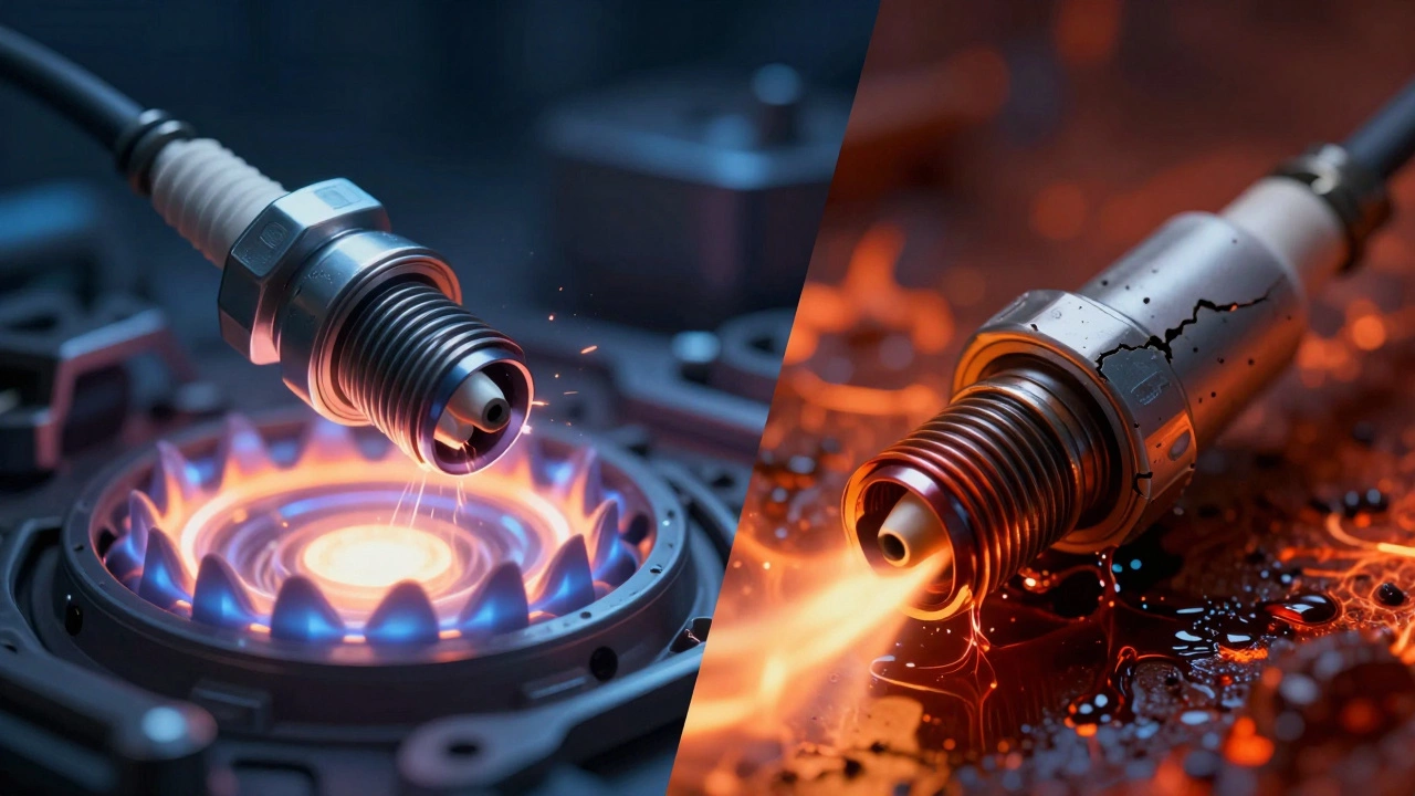 Side-by-side comparison of a healthy spark plug sparking properly versus a failed plug leaking fuel and damaging the catalytic converter.