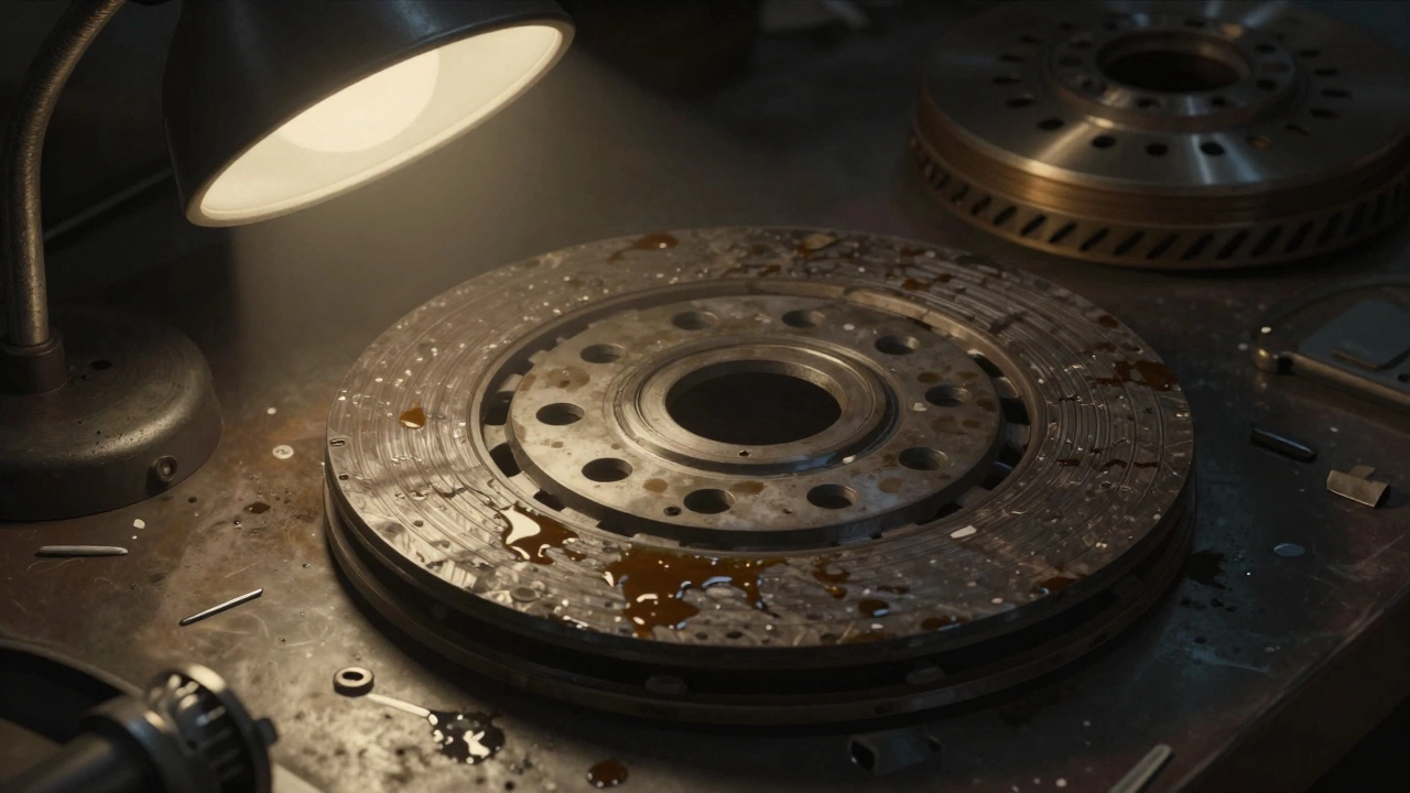Worn clutch disc with oil stains and glazing under workbench light.