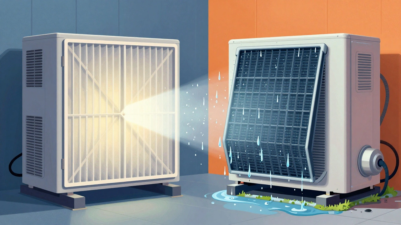 A comparison of a clean pleated filter and a wet, moldy electrostatic filter affecting an HVAC system.